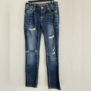 Coogi Jeans Womens 9/10 Stretch Studded Low Rise Med Wash Fade Embroidered RARE
